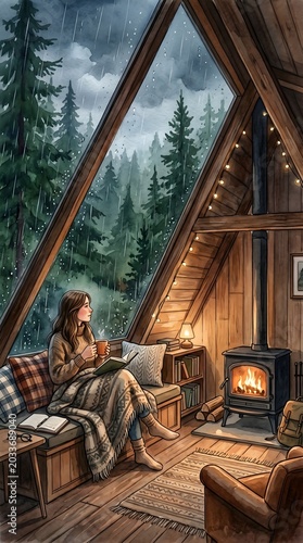 Cozy wooden cabin retreat with rain forest view warm fire and peaceful atmosphere