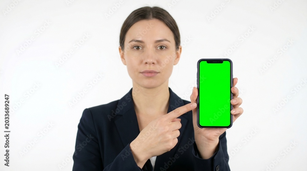 Naklejka premium A serious businesswoman in a dark suit points to a green screen on a smartphone she holds up.