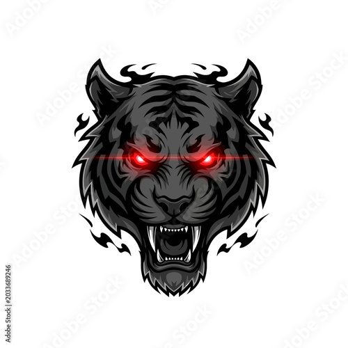 Black and white tiger mascot head with red eyes.