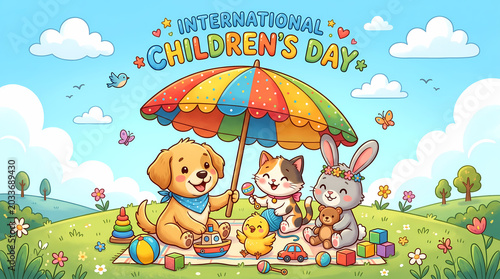 International childrens day celebration with cute animals and toys on green grass