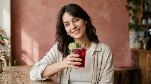 Cozy amatuer brunette woman holding ruby iced berry drink near pink cafe wall, relaxed seated pose, soft smile, lime garnish, natural casual portrait with warm wood table and indoor greenery