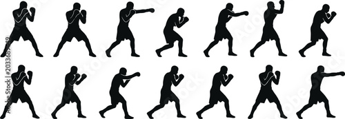 Tableau sur toile Boxer silhouette collection with fighting punching and defensive action poses is