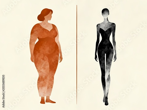 Two contrasting female silhouettes divided by a line depict a plus-size woman versus an ultra-slim figure, critiquing unrealistic beauty standards and celebrating body diversity.