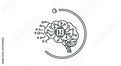 Outline drawing of a brain with a circuit board inside and a circle around it on a white background ai generated