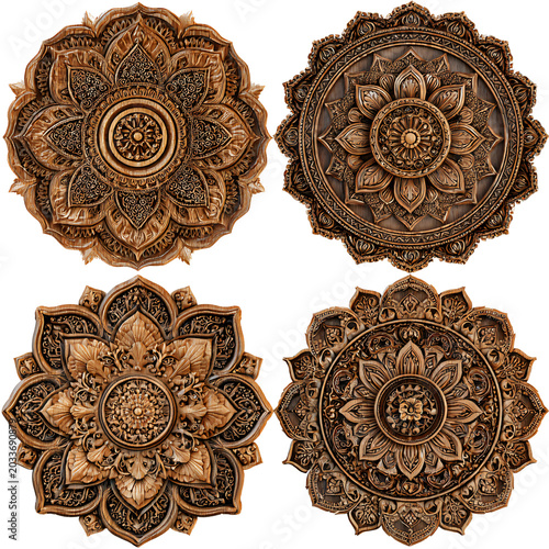 Intricate Carved Wooden Mandalas on Transparent Background Set - Professional Stock Image