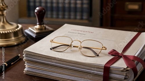 dossier. Gold-rimmed eyeglasses resting on a dossier tied with a red ribbon. pitch deck slides, case study pages, designed for enterprise HRIS and productivity software interfaces.
