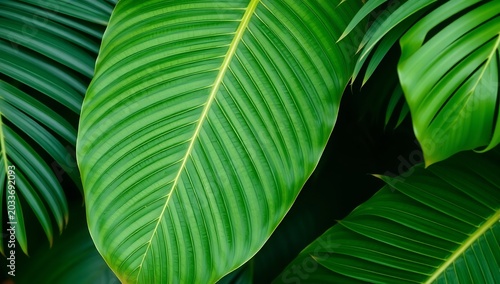 Lush Green Tropical Leaves Close-Up Macro Photography.