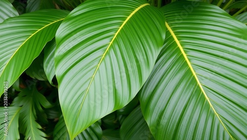 Close-up of Lush Green Tropical Plant Leaves with Yellow Veins.
