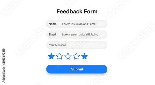 Feedback form with name email message fields star rating and a submit button on a white background ai generated