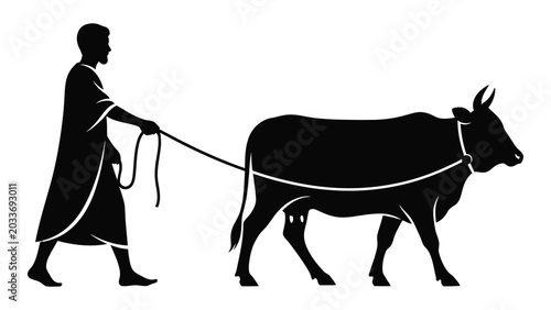 Vászonkép Silhouette Of Farmer Leading Oxen Black And White Graphic husbandman peasant cat