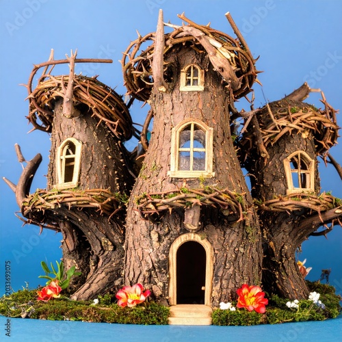 Magical Miniature Fairy Tree House Crafted from Bark and Twigs