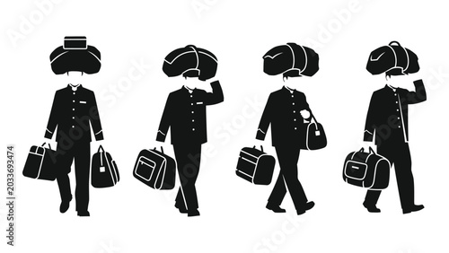 Foto Silhouettes Of Bellhops Carrying Luggage Black And White Illustration bellhop po