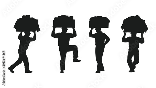 Bild auf Leinwand Silhouette of four people carrying boxes on their heads black shapes on white ba