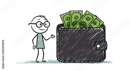 Stick figure man with glasses next to a wallet full of money.