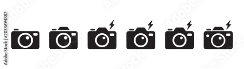 Photos Photo camera solid silhouette icons with flash light symbols representing professional photography shooting