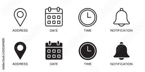 Foto Set of eight icons address date time notification with text labels for web and app design vector