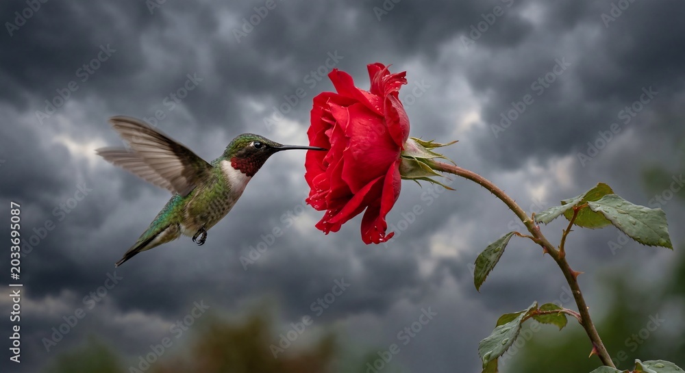 Fototapeta premium A Ruby-throated hummingbird feeding on a vibrant red rose against a dramatic, stormy sky