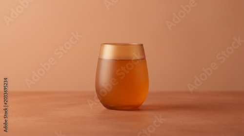 Terracotta kombucha in frosted amber glass with minimalist negative space