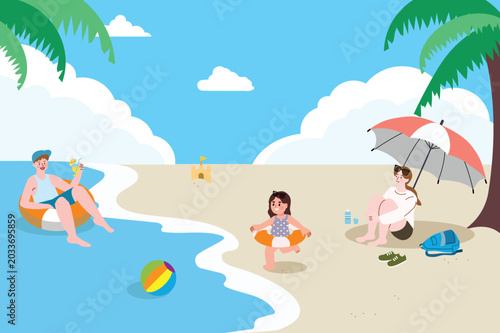 Family enjoying summer vacation on a sunny beach