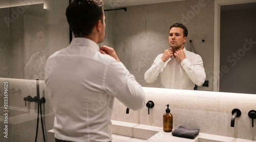 Successful man adjusting shirt collar in modern bathroom mirror getting ready.