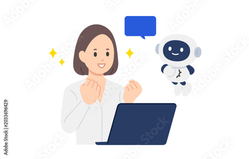 頼もしいAI･チャットボットとガッツポーズをするビジネスパーソン女性【人物ベクターイラスト素材】