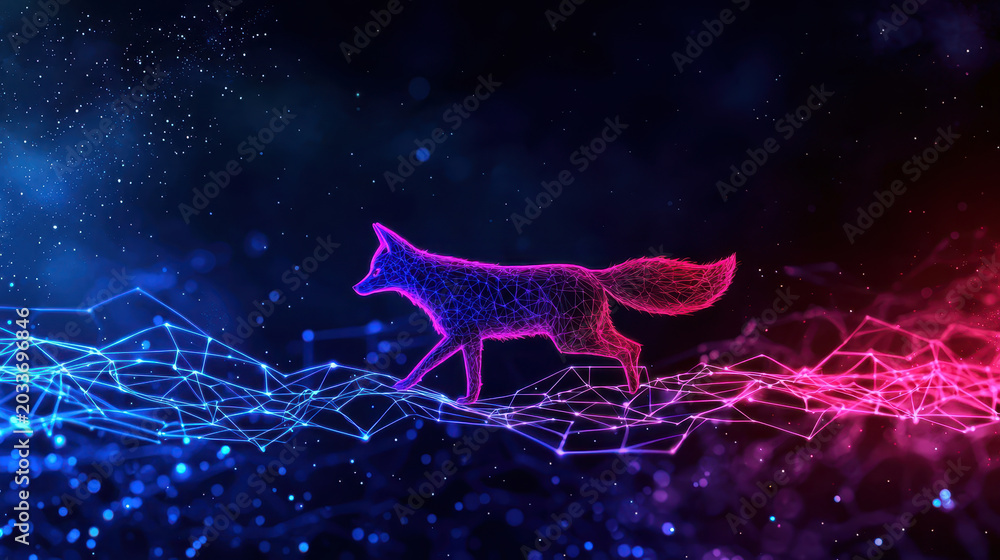 Naklejka premium Digital illustration of fox walking on vibrant, abstract background with blue and pink hues, showcasing futuristic design