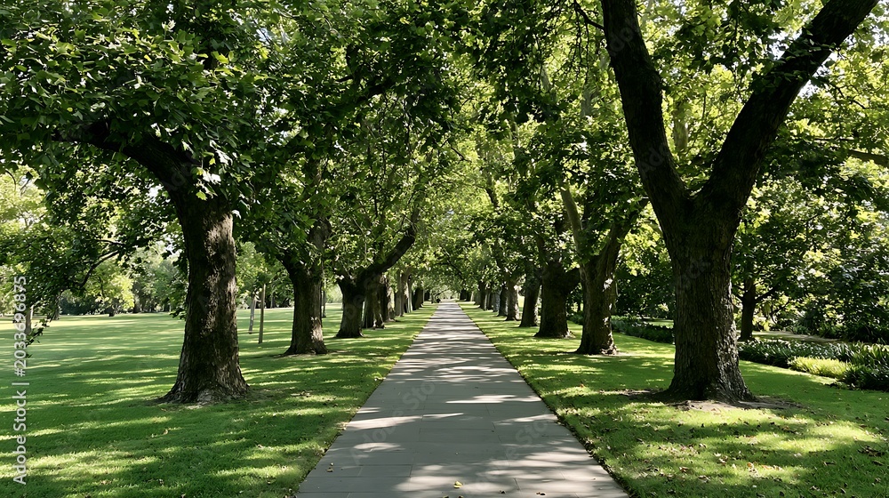 Obraz premium A serene tree-lined path in a lush green park on a sunny day
