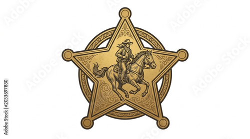 Konstfotografi Antique Sheriff Badge with Cowboy on Horse Illustration.