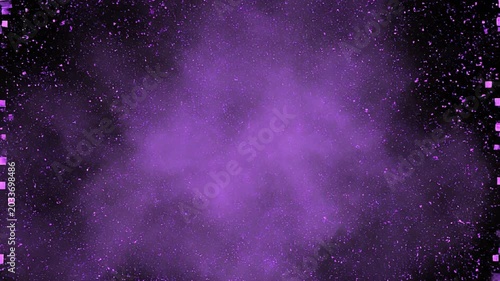 A dynamic VFX transition featuring purple square pixels flying in from the edges, congregating in the center, and exploding into a fine, glowing violet pixel dust cloud