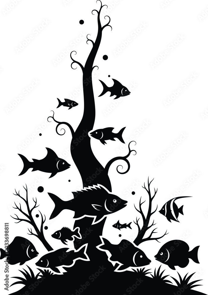 Fototapeta premium Black Fish Swimming Around Dead Tree Silhouette on White Background