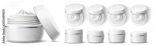 Realistic round cream container. Cosmetic plastic jar. Mockup of skincare products top and side view. Packaging for body or face serums. 3D full package. Open and closed pots vector set