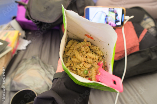 Inside View of Dehydrated Pasta Meal in Adventure Food Pouch for Camping on Kungsleden Trail Swedish Lapland