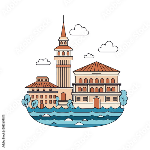 Fotografie Illustration of ancient buildings with tower.