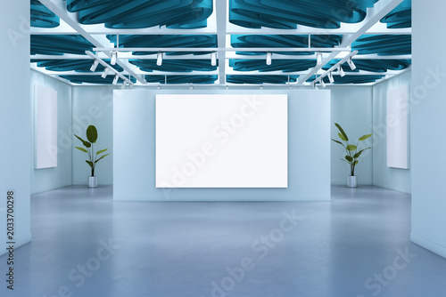 Blank canvas in contemporary gallery interior with clean walls, modern ceilin...