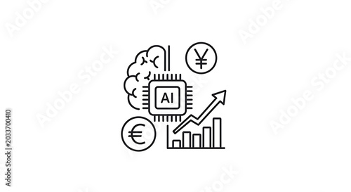 Line art of ai chip with brain, currency symbols, and rising graph representing financial growth ai generated