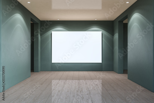Blank canvas in modern gallery interior with clean walls, empty exhibition sp...