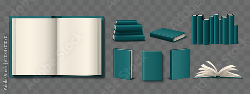 Realistic book mockup with color illustrations. 3D textbook template featuring elegant design. Dark blue hardcover or ivory colored pages. Literature top and front view. Library vector set