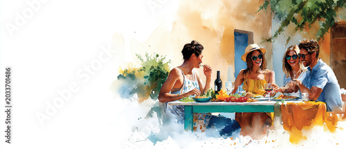 A group of friends laughing and sharing a meal around a vibrant, mismatched table set in a sun-drenched courtyard with bohemian chic elements, a joyful and convivial mood