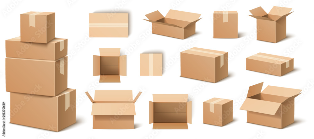 Obraz premium Realistic boxes. 3D cardboard packaging templates. Open and closed packing. Various view angles. Shipping containers. Postal delivery. Transportation packages. Paper objects vector set