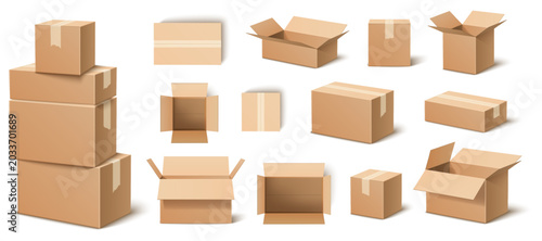 Realistic boxes. 3D cardboard packaging templates. Open and closed packing. Various view angles. Shipping containers. Postal delivery. Transportation packages. Paper objects vector set