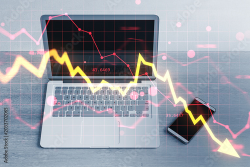 Tableau sur toile Digital laptop with falling market chart arrow symbolizing global financial crisis and business collapse on light background