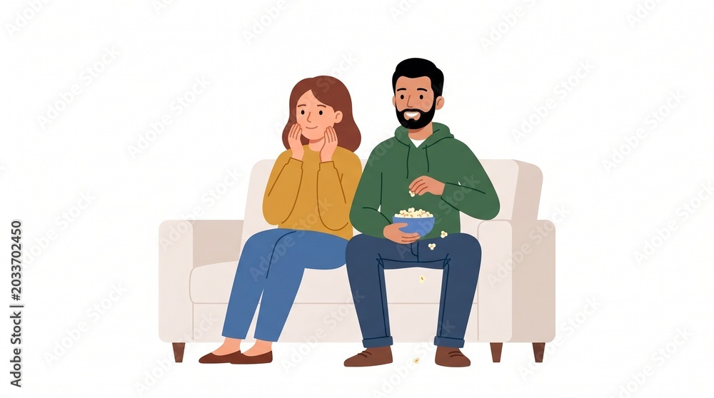 Fototapeta premium A happy young couple sits together on a comfortable sofa while eating delicious popcorn and watching an exciting movie in this colorful flat illustration style image.