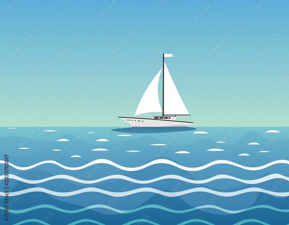 Fototapeta premium Marine vector landscape with boat on sea 