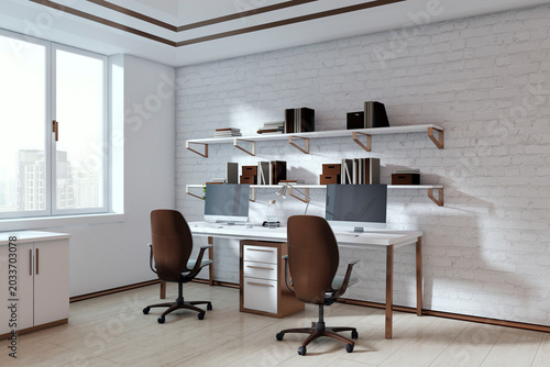 Modern empty office workspace with dual desks, chairs, shelves, computers, br...