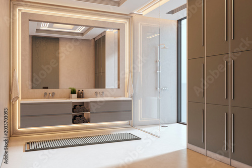 Valokuva Modern bathroom interior with illuminated mirror, sleek cabinetry, spacious shower area and refined contemporary room design creating elegant space