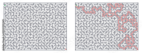 Cuadro en lienzo Labyrinth game grid with solved path in red on white background