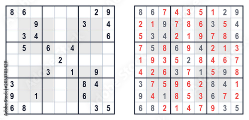 Fotografía Sudoku hyper puzzle grid with completed and incomplete sections in red