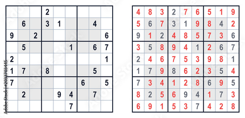 Photos Sudoku hyper puzzle grid with empty spaces and filled numbers design