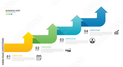 Quadro su tela Business infographic growth success template with four steps rising arrow