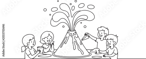 Students make a volcano eruption experiment from baking soda. one line Art icon drawing vector